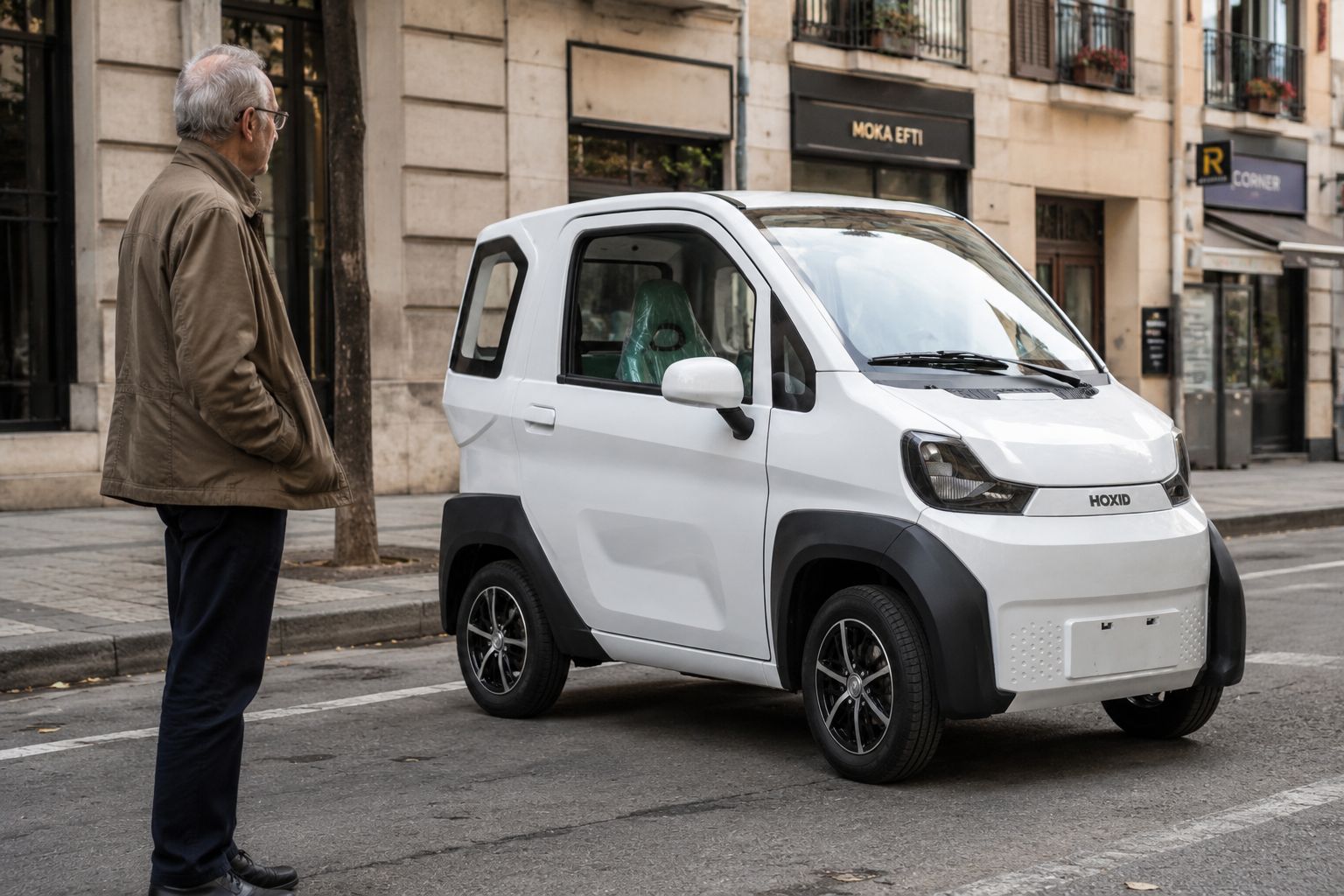Una persona accanto alla Honri parcheggiata in una via cittadina